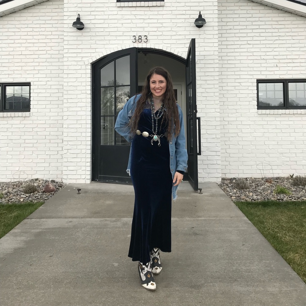 Floor Length Velvet Blue Dress